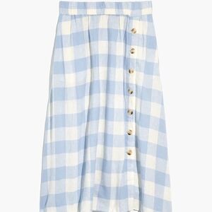 Madewell | Linen-Blend Side-Button Midi Skirt in Gingham Check